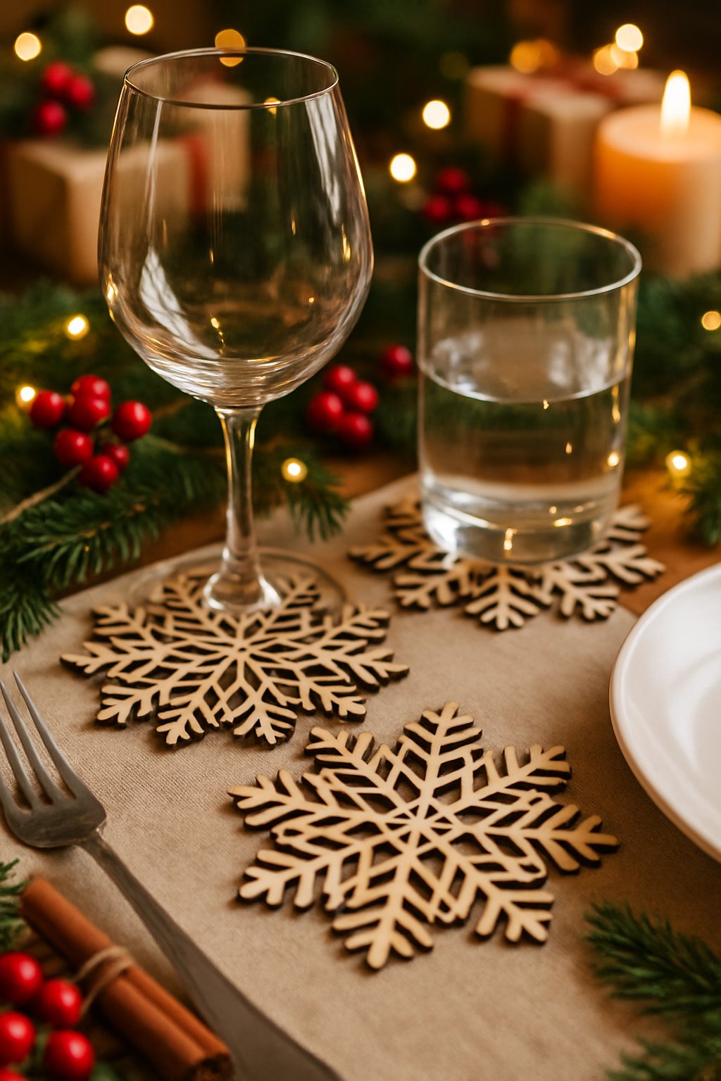 A Christmas table set with snowflake-shaped wooden coasters under glassware, surrounded by pine branches, holly berries, cinnamon sticks, and warm candlelight.