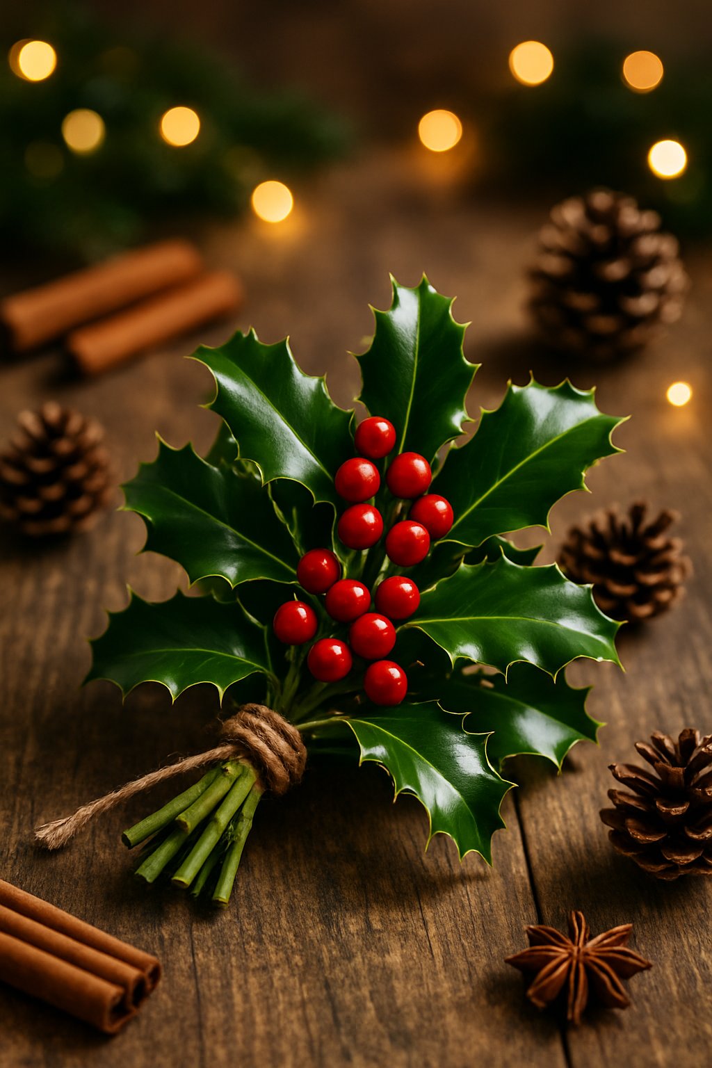 A bundle of fresh holly sprigs tied with twine placed on a wooden table surrounded by Christmas decorations.