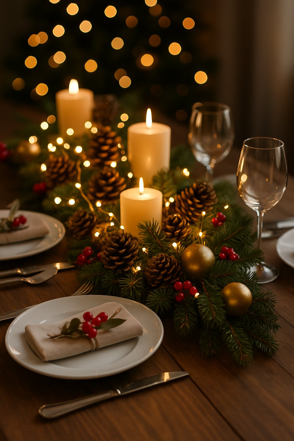 A Christmas table with a centerpiece decorated with LED fairy lights, pinecones, evergreen branches, candles, and holiday accents.