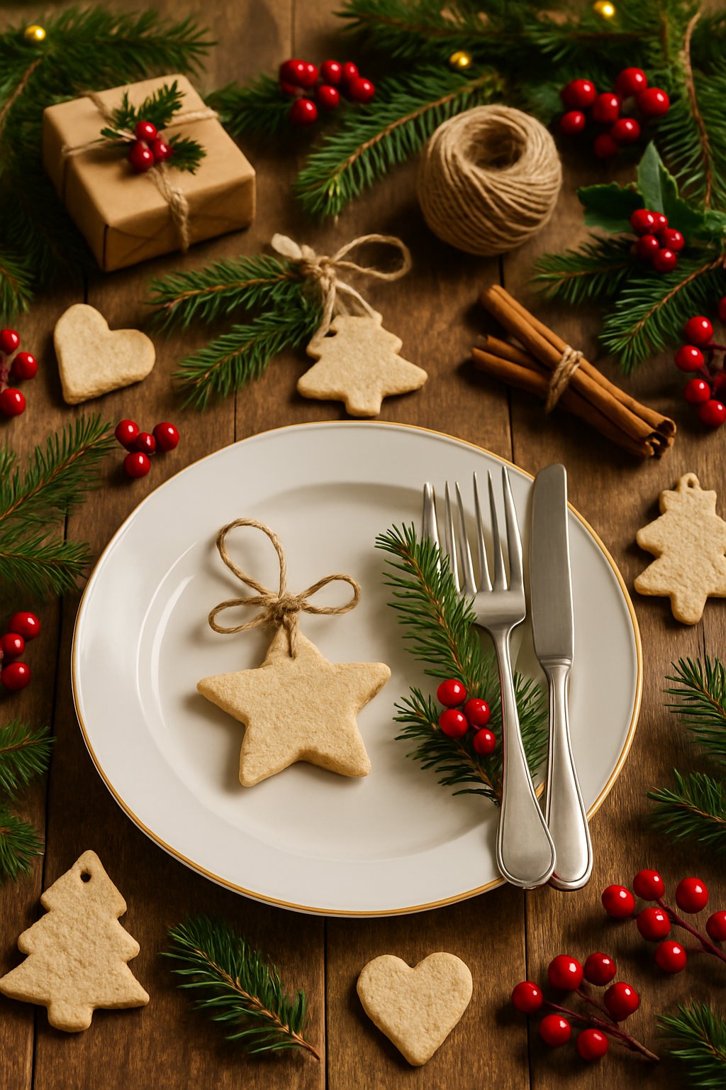 A Christmas table set with white plates and handmade salt dough ornaments surrounded by pine branches, cinnamon sticks, and red berries.