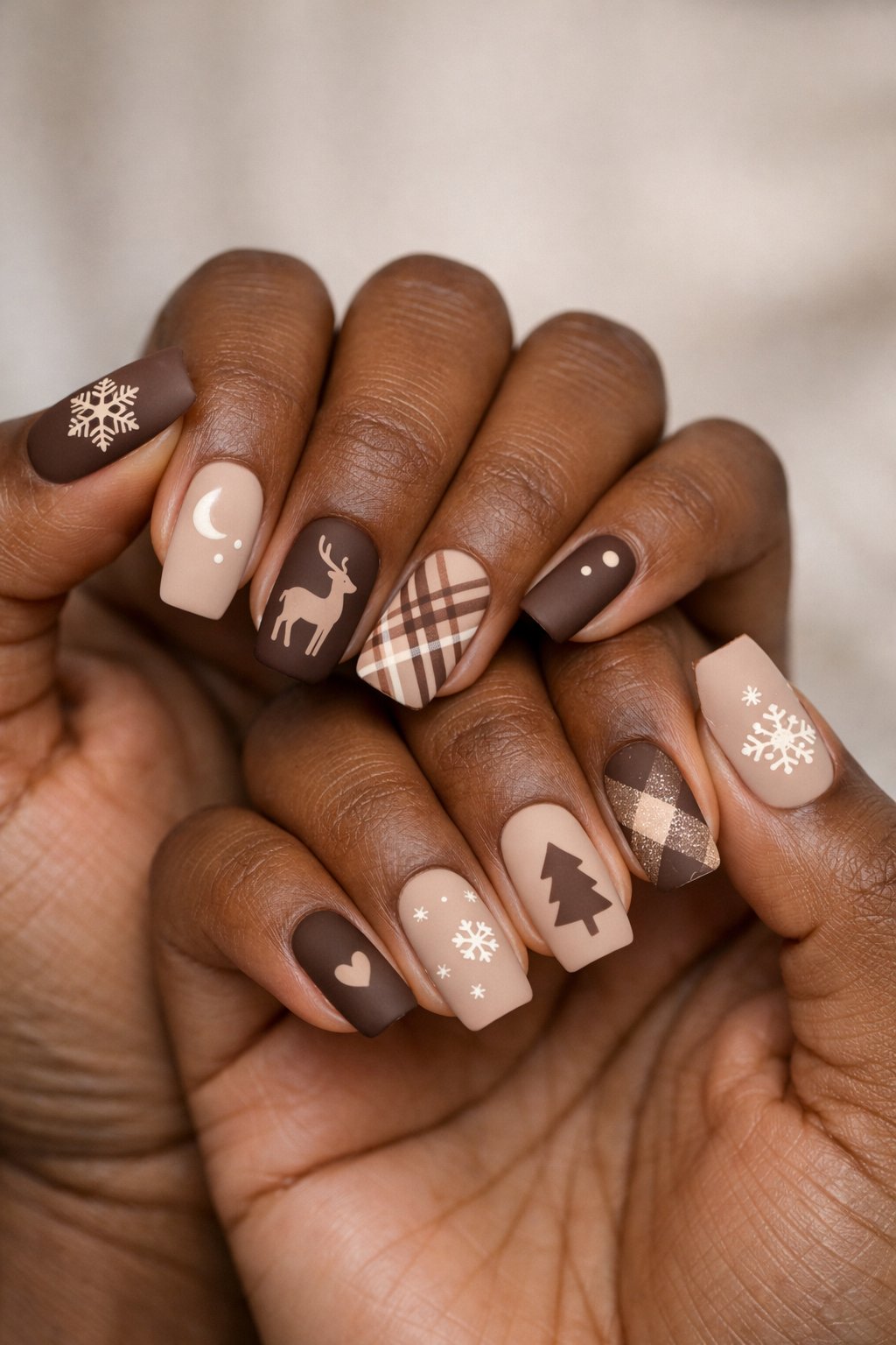 Close-up of hands with dark skin tones showing winter-themed nails painted in matte chocolate brown and nude colors.