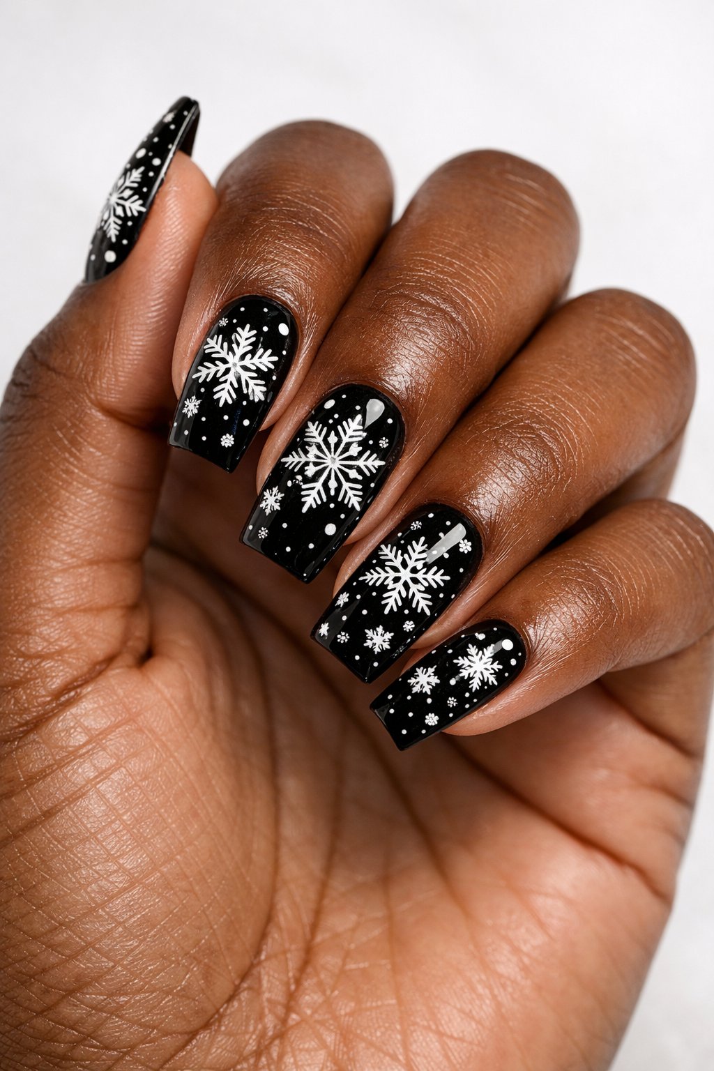 Close-up of a dark-skinned hand with glossy black nails decorated with white snowflake designs.