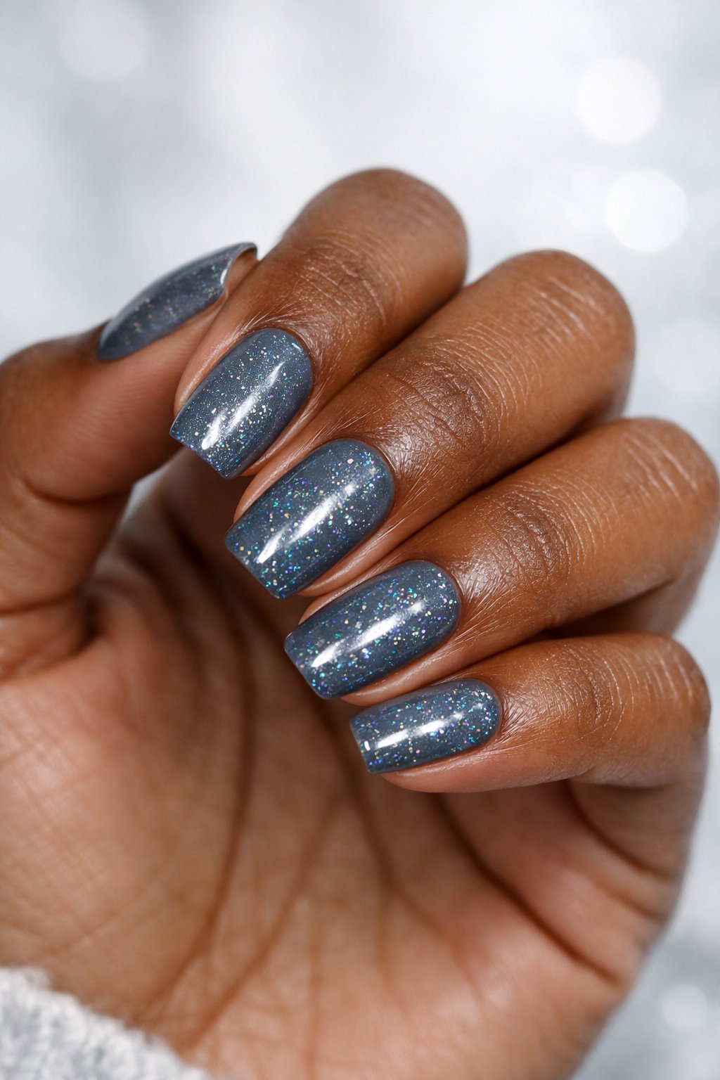 Close-up of a dark-skinned woman's hand showing nails painted in steel gray with holographic flakes.