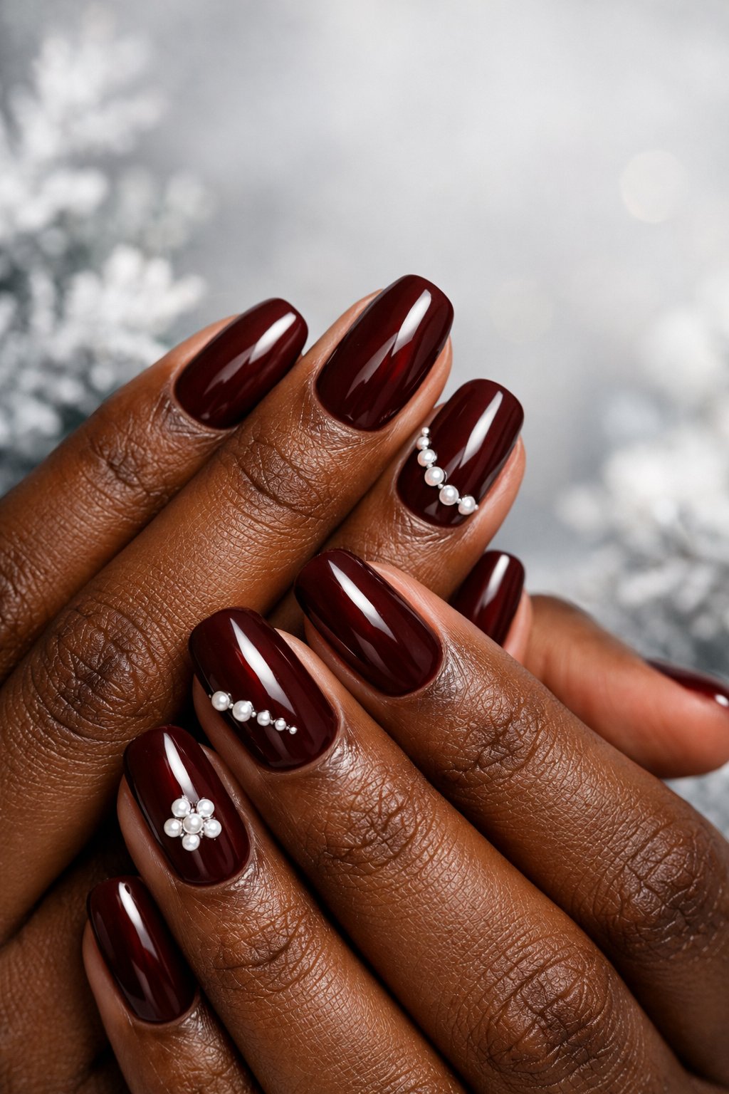 Close-up of hands with dark skin showing rich mahogany nails decorated with small pearl details.