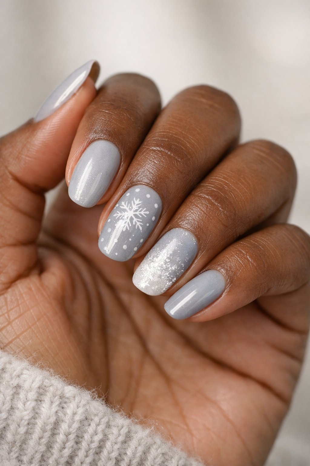 Close-up of a dark-skinned hand with gray pearl-shiny winter nails against a soft neutral background.