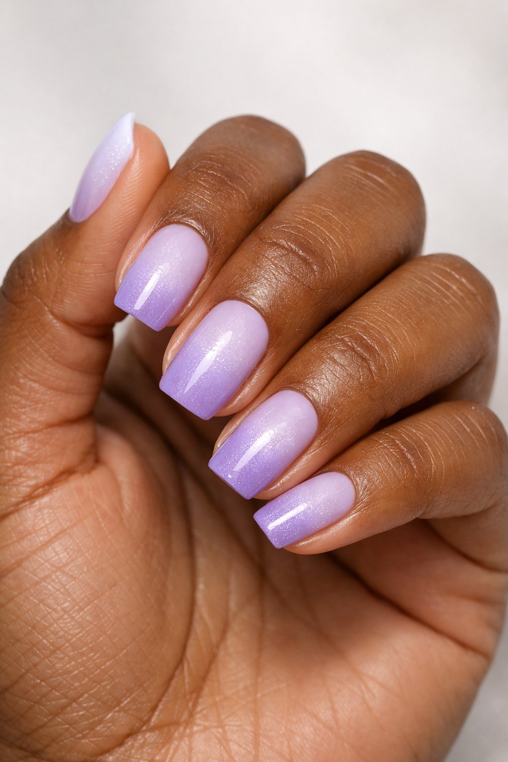 Close-up of a dark-skinned hand with neatly manicured nails showing a frosty lilac ombré effect.