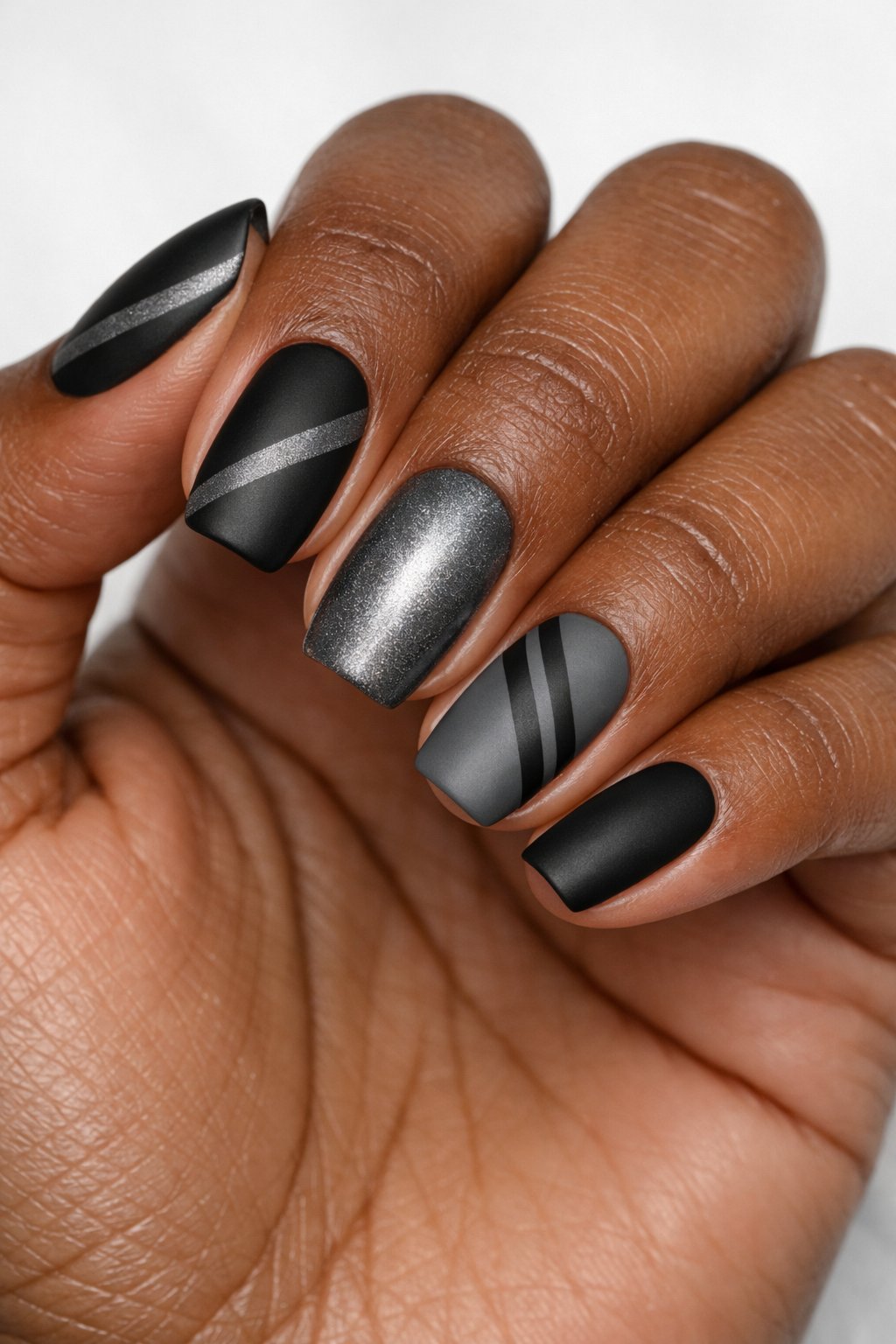 Close-up of a dark-skinned hand with gray and black striped winter-themed nails against a neutral background.