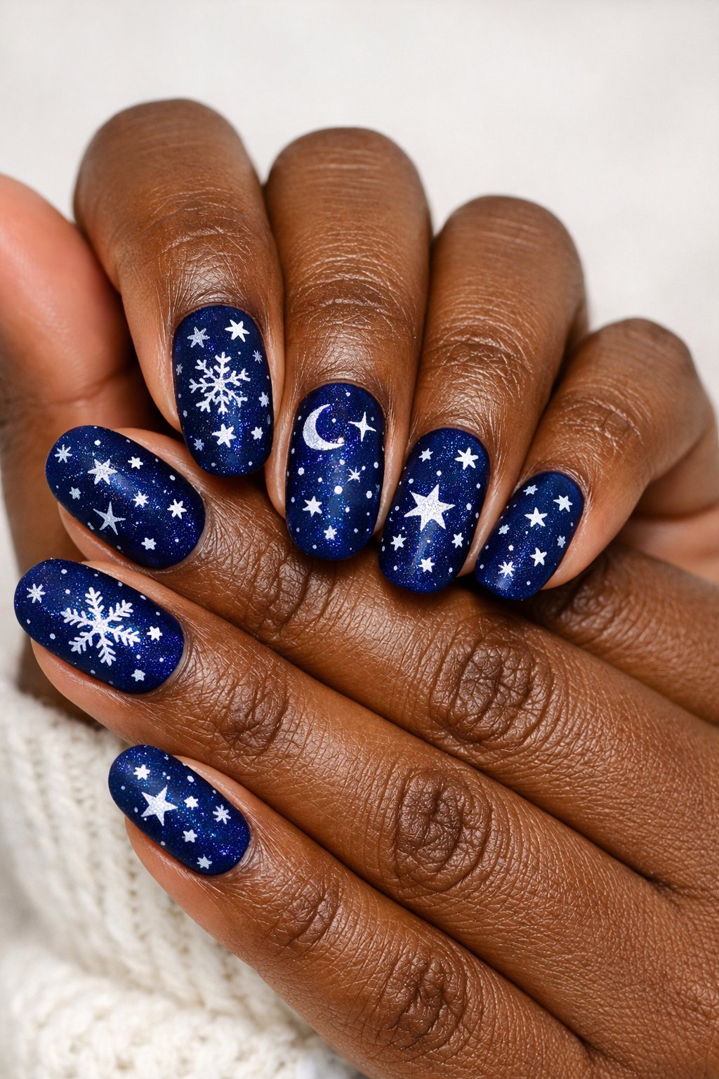 Close-up of hands with dark skin tones showing navy blue nails decorated with star designs.