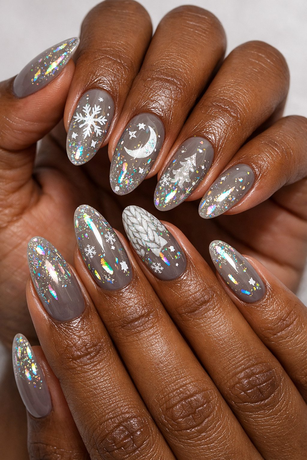 Close-up of hands with dark skin tones displaying winter-themed nails with smoky taupe color and holographic accents.