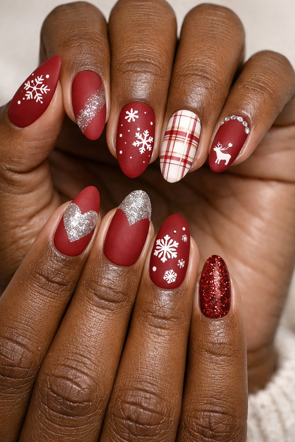 Close-up of hands with dark skin showing various ruby red winter nail designs.