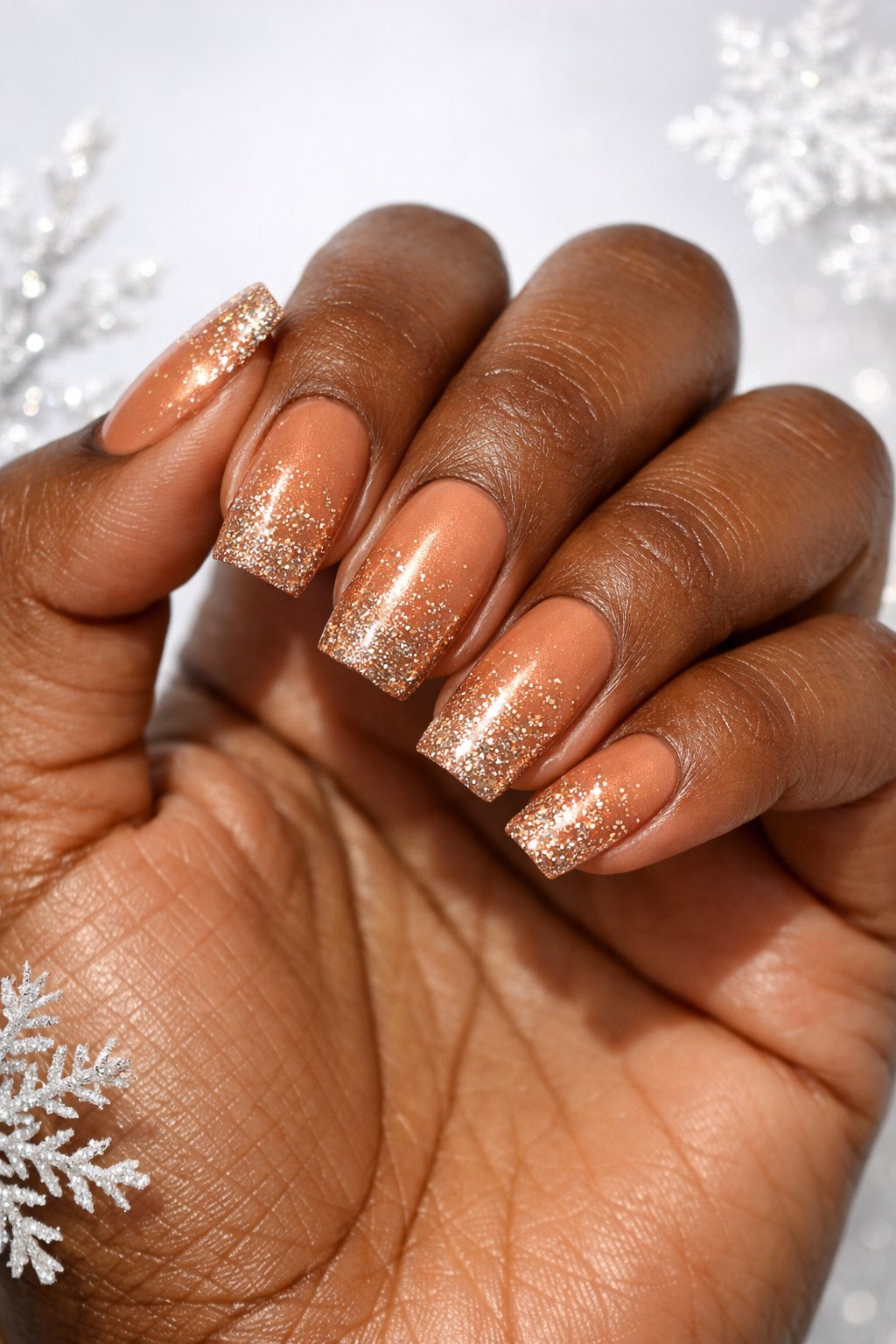 Close-up of a hand with dark skin tone showing peachy bronze nails with glitter gradient tips.