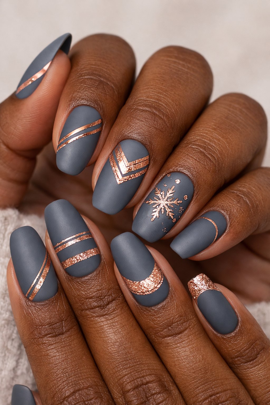 A close-up of a dark-skinned hand showing nails painted in slate gray matte with rose gold accents.