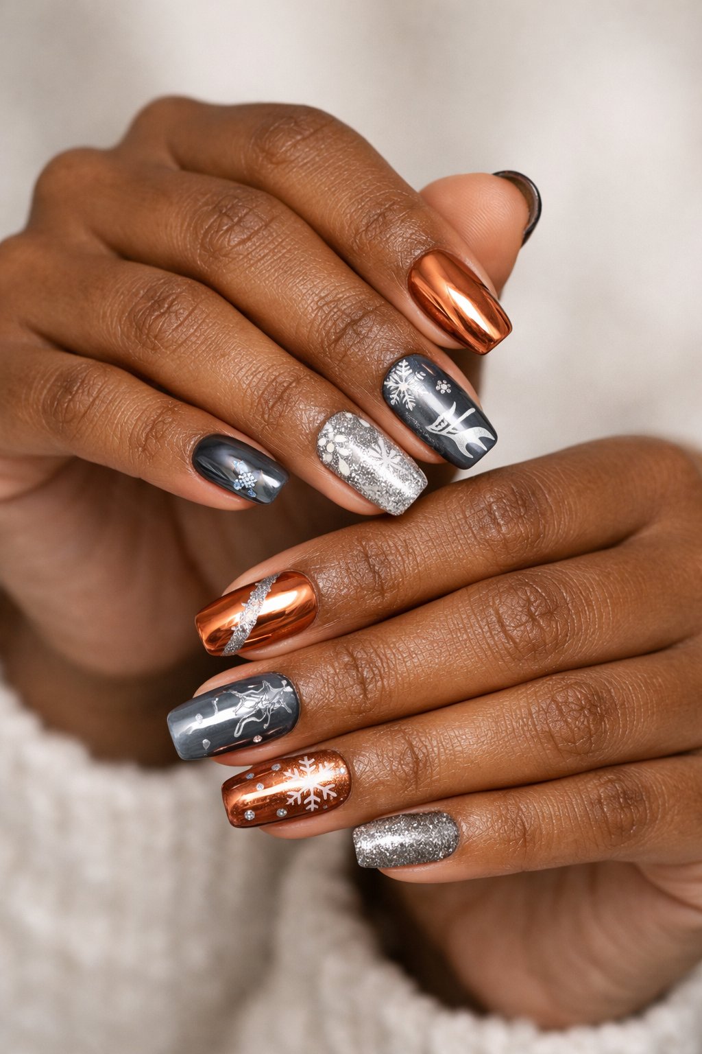Close-up of a woman's hands with dark skin showing metallic gray and copper chrome winter nail designs.