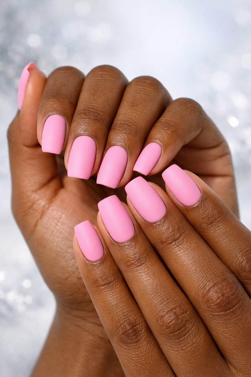 Close-up of dark-skinned hands with matte bubblegum pink nails against a soft winter-themed background.