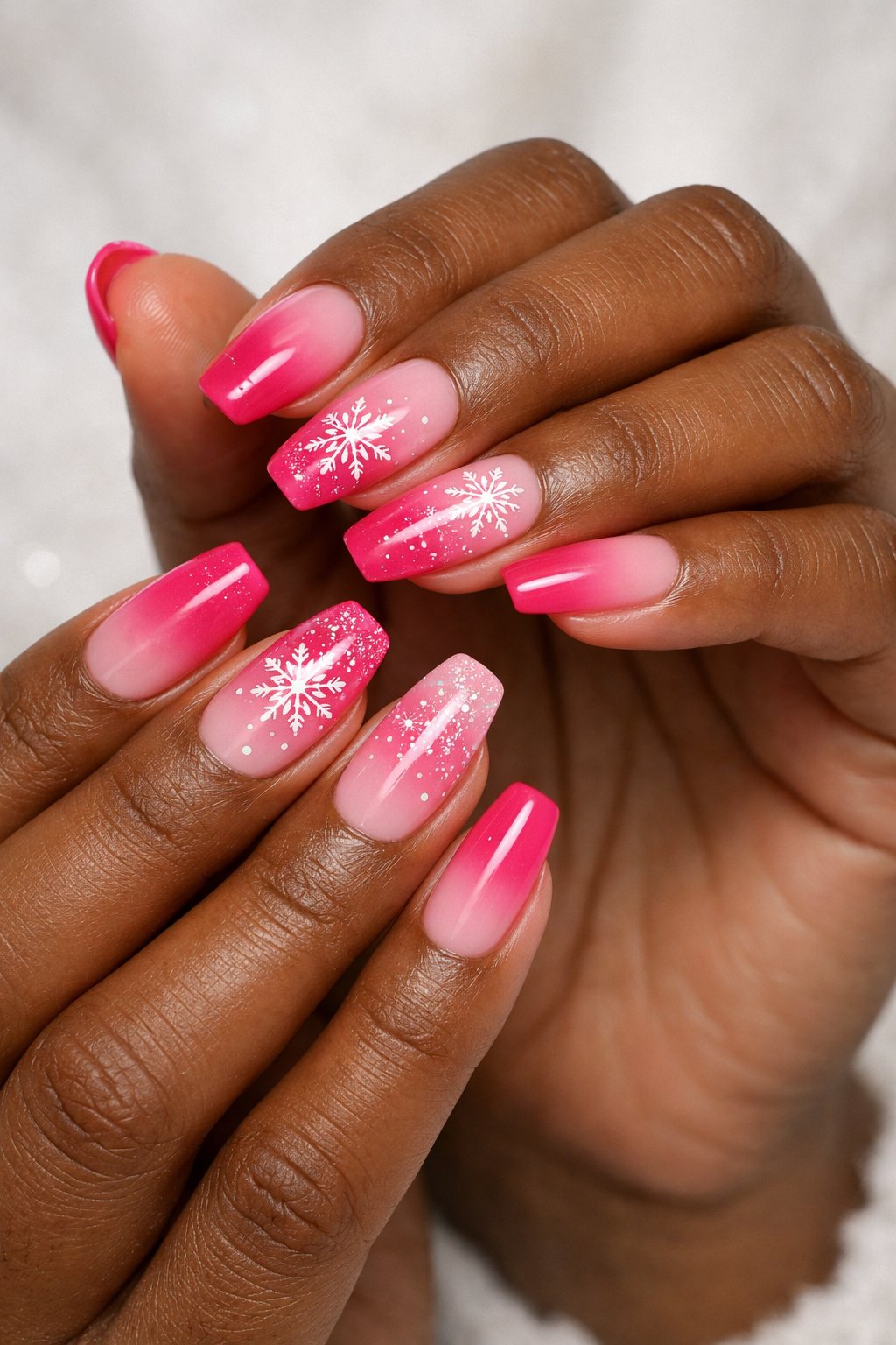 Close-up of dark-skinned hands showing pink French fade nails with winter-themed designs.