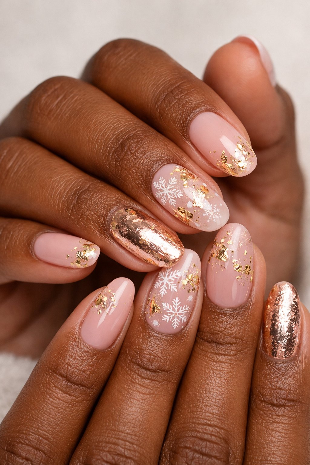 Close-up of dark-skinned hands with blush pink nails decorated with gold foil accents.
