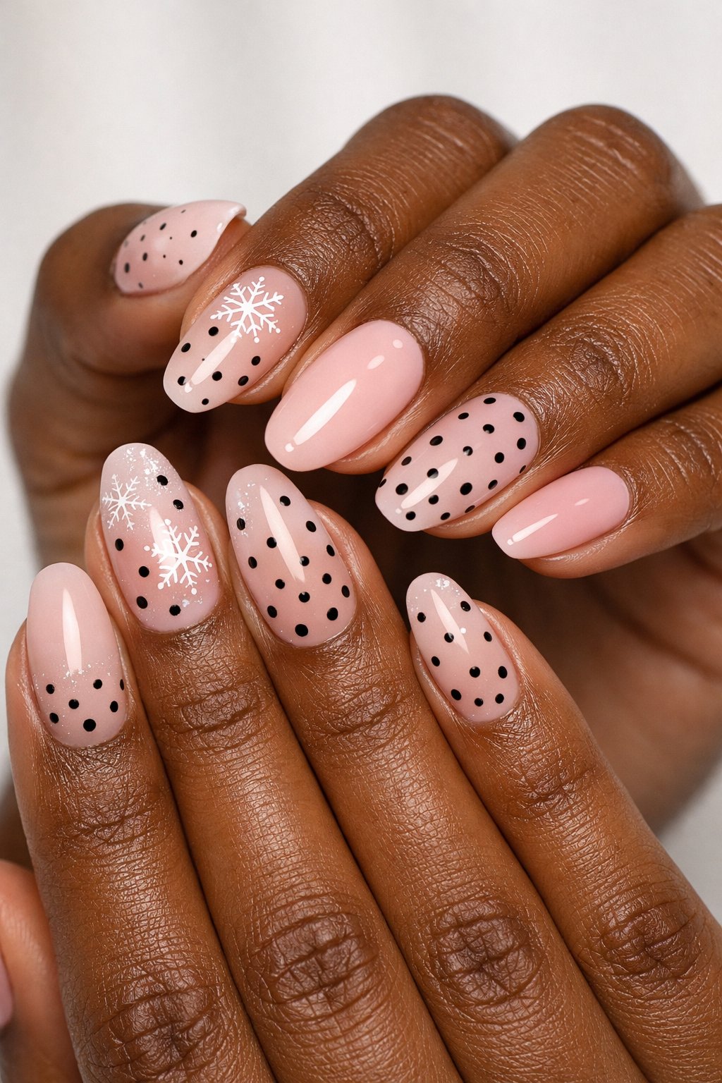 Close-up of hands with dark skin showing pink nails with black polka dots.