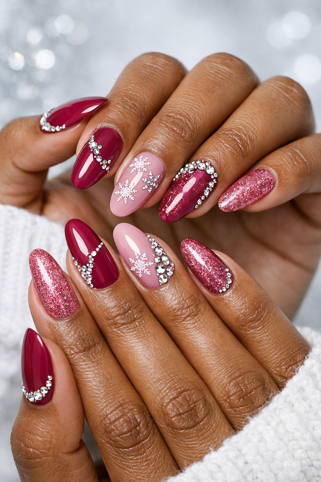 Close-up of a woman's dark-skinned hands with deep pink nails decorated with silver rhinestones.