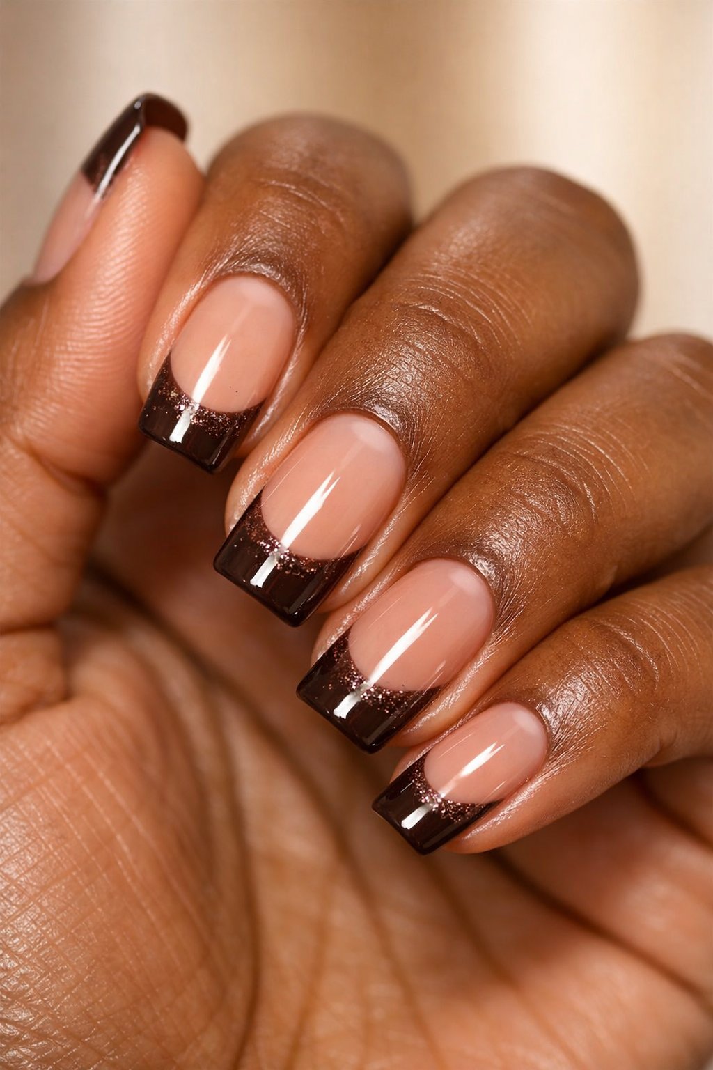 Close-up of a dark-skinned hand with chocolate brown French tip nails featuring glitter accents.