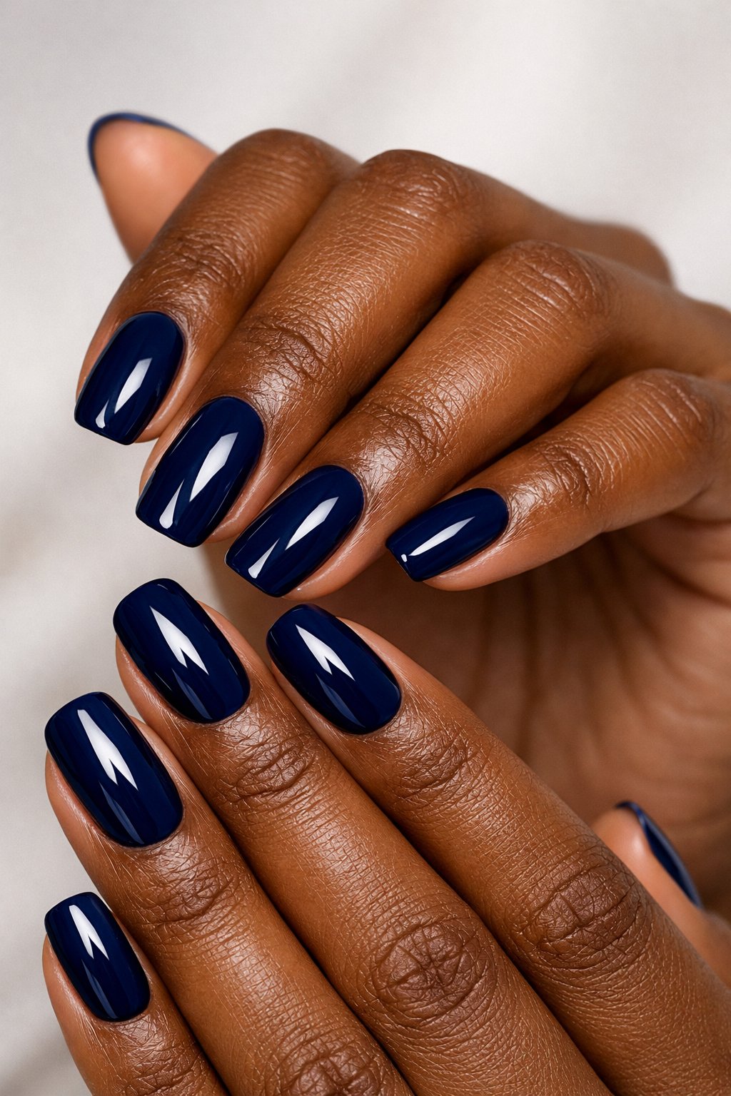 Close-up of hands with glossy navy blue nails on dark skin tone against a neutral background.