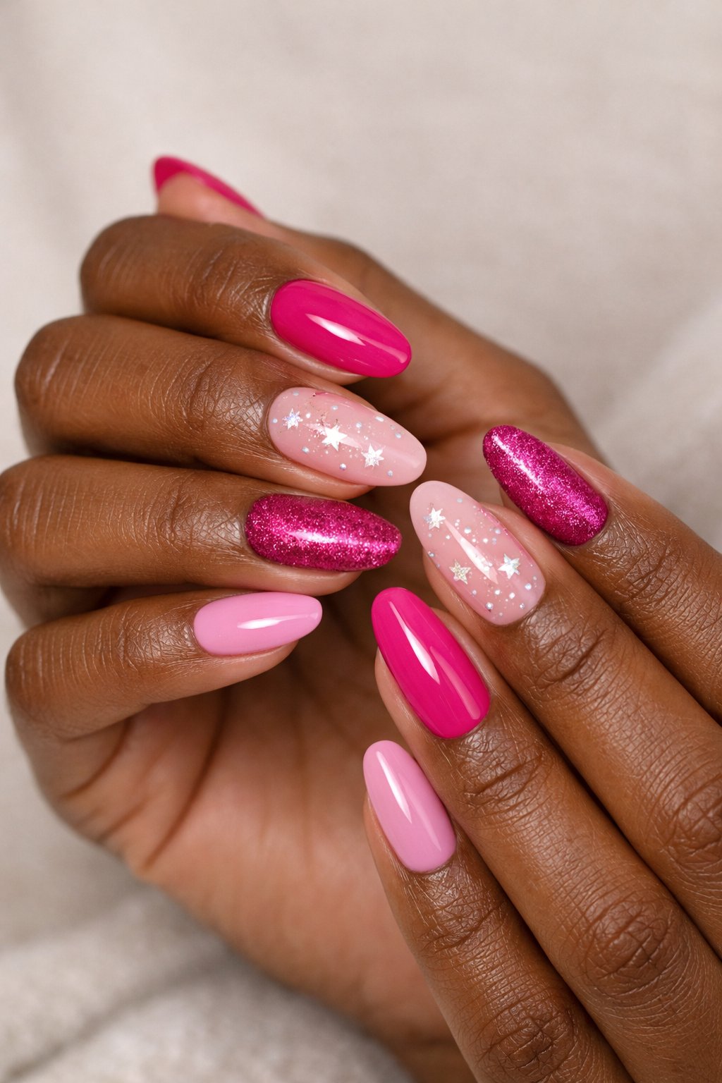 Close-up of dark-skinned hands with pink nails decorated with tiny star designs.