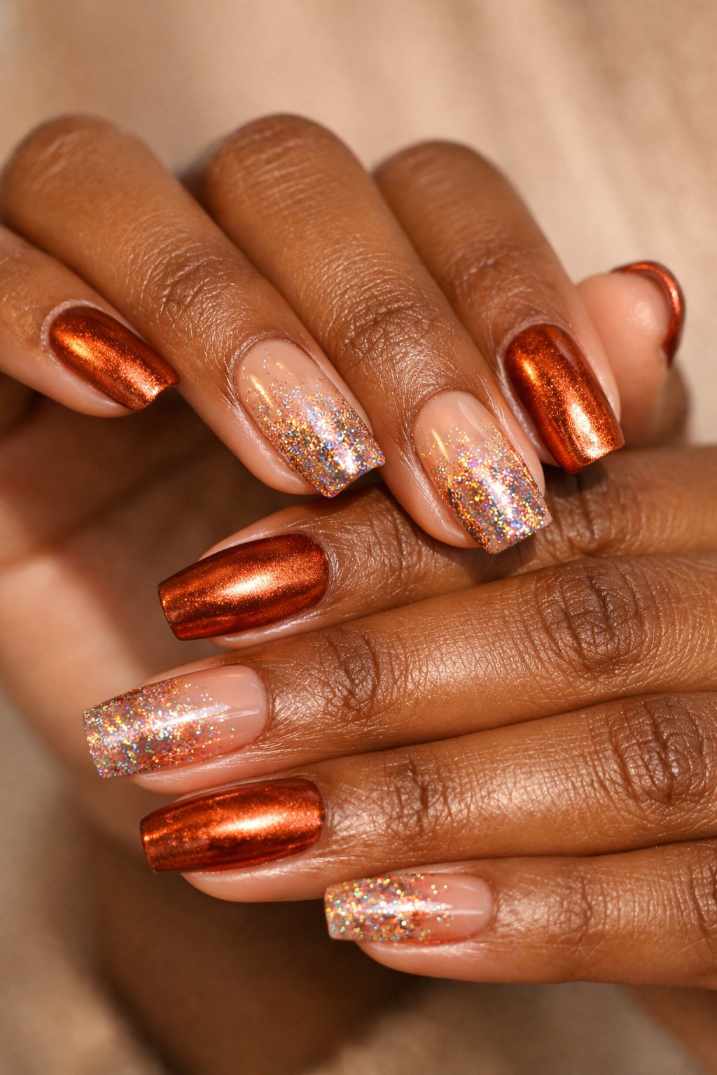 Close-up of dark-skinned hands with warm copper and holographic sparkling nail polish.