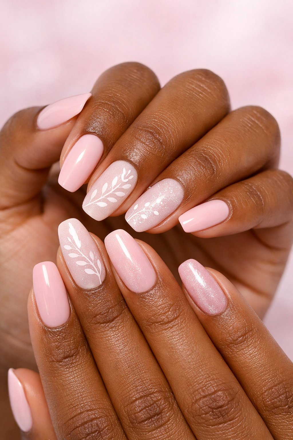 Close-up of a woman's dark skin hands with pastel pink nails decorated with leaf designs.