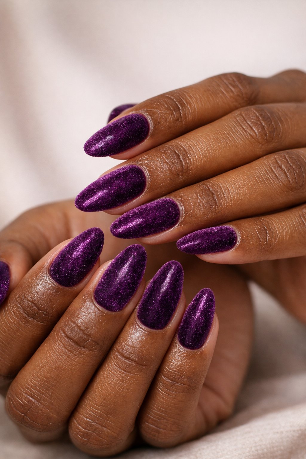 Close-up of hands with dark skin tones showing plum purple velvet effect nails.
