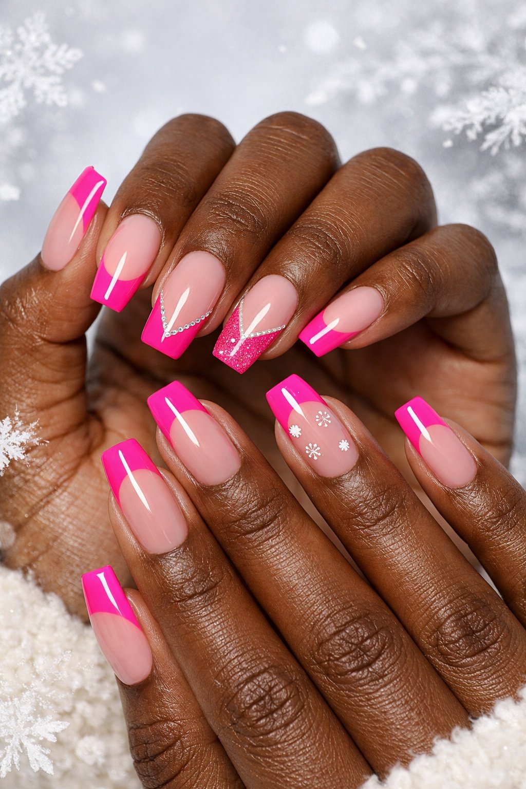 Close-up of dark-skinned hands with electric pink French tip nails against a soft winter-themed background.