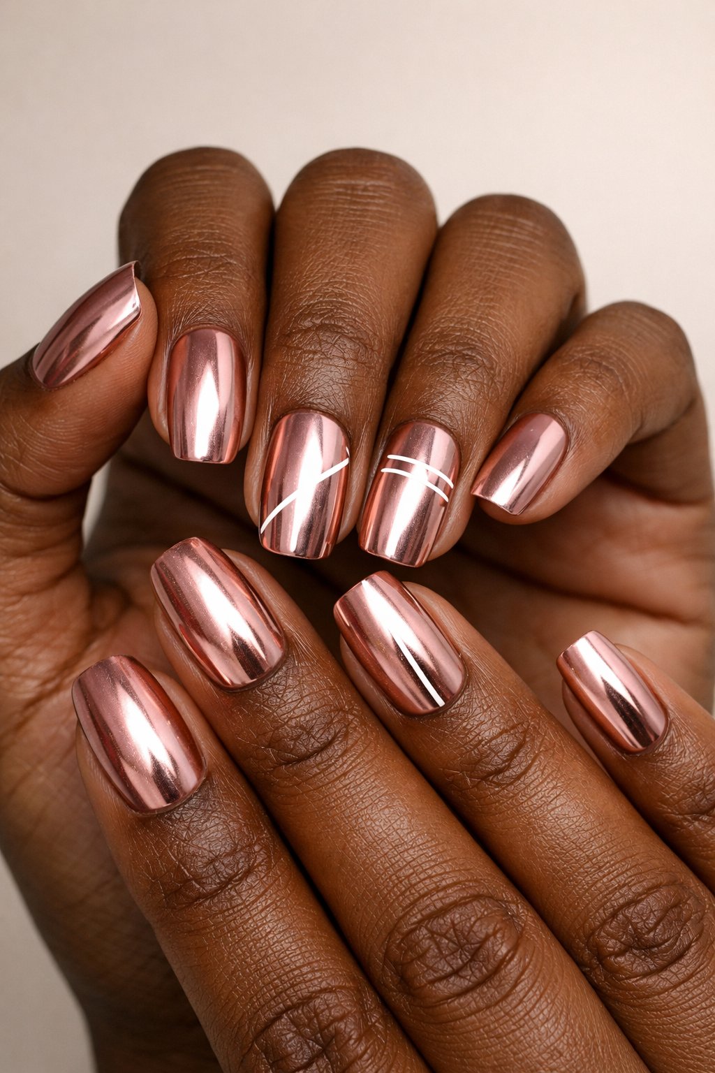 Close-up of dark-skinned hands with rose gold chrome nails featuring simple line designs, posed against a neutral background.