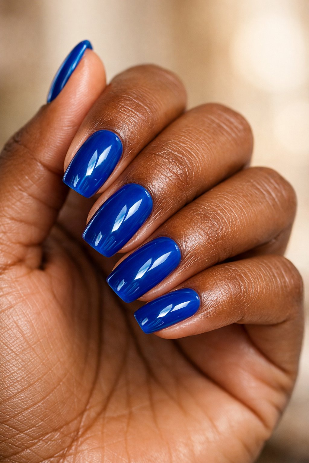 Close-up of a dark-skinned hand with sapphire blue jelly finish nails against a softly blurred neutral background.
