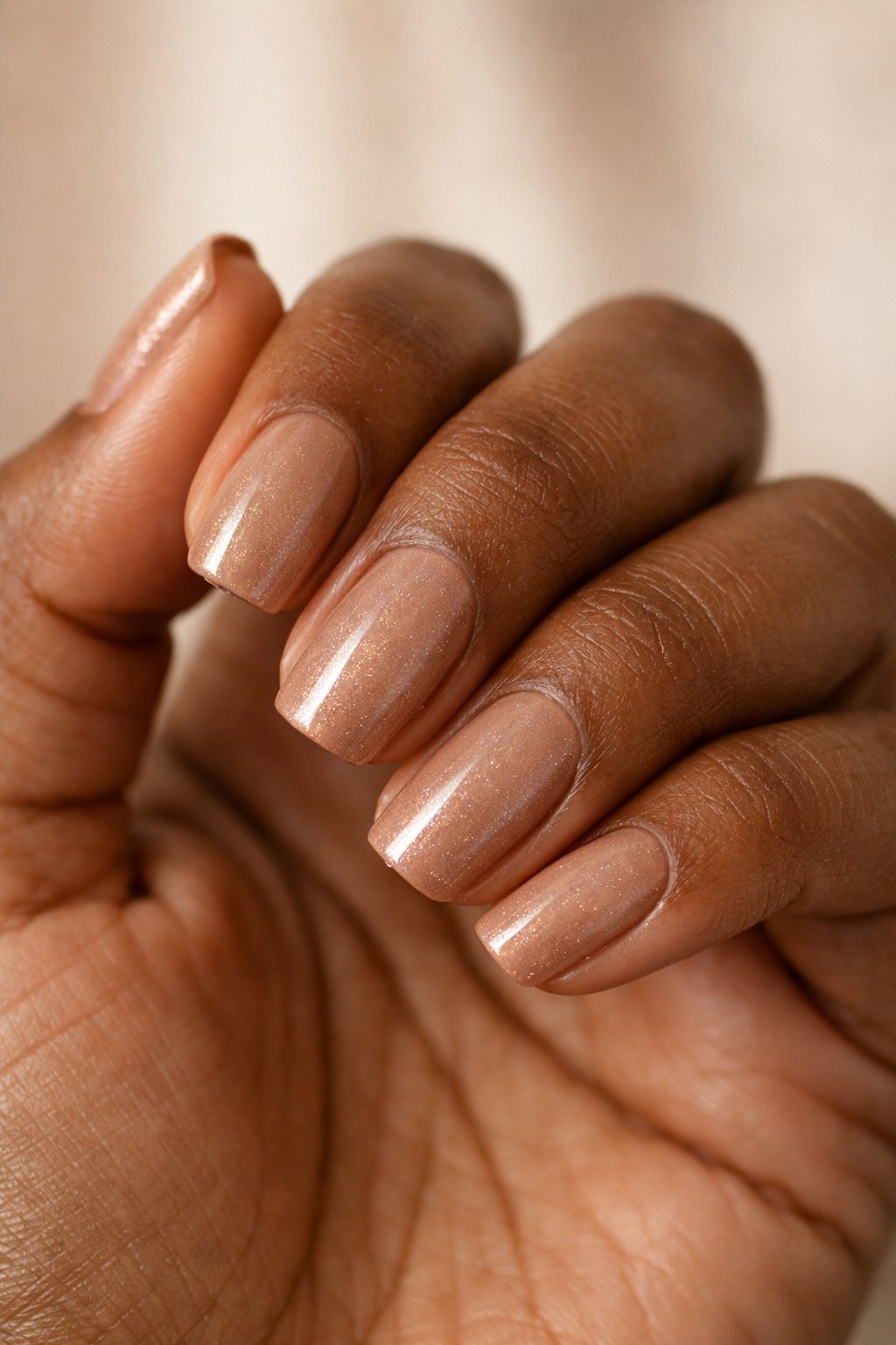 Close-up of a dark-skinned hand with mocha nude nails that have a subtle shimmer.