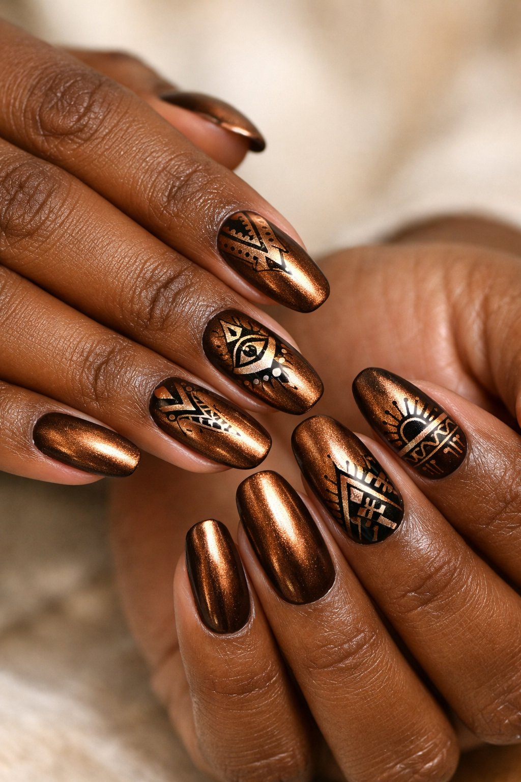 Close-up of hands with metallic bronze nails decorated with tribal patterns on dark skin.