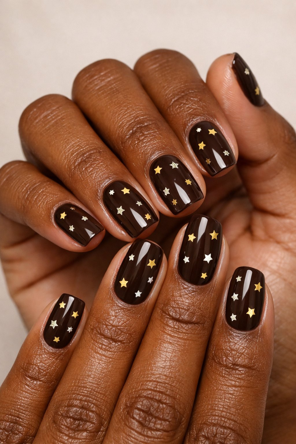 Close-up of dark skin toned hands with dark chocolate brown nails decorated with small star-shaped stickers.