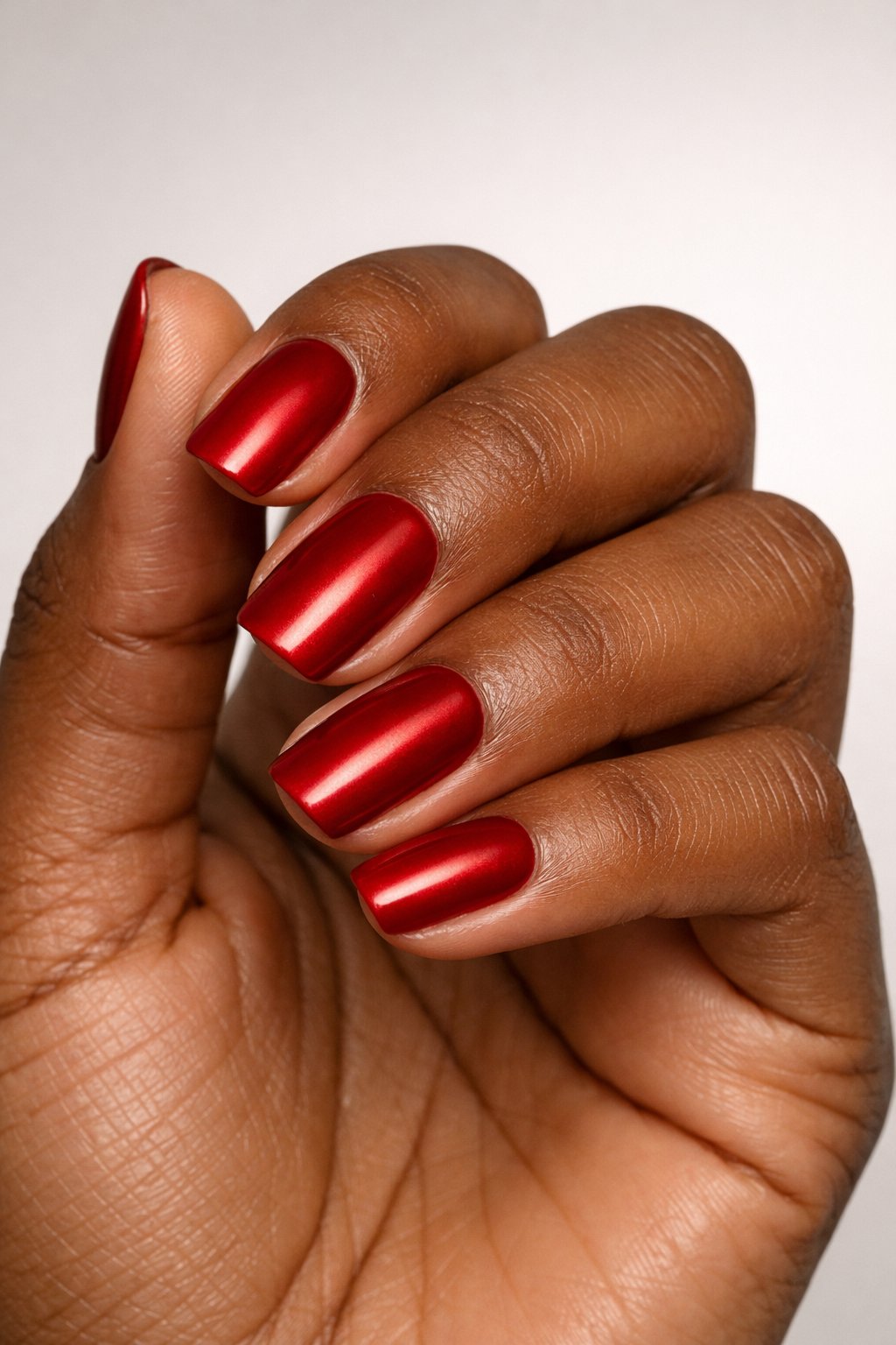 Close-up of a hand with dark skin tones showing blood red satin finish nails.