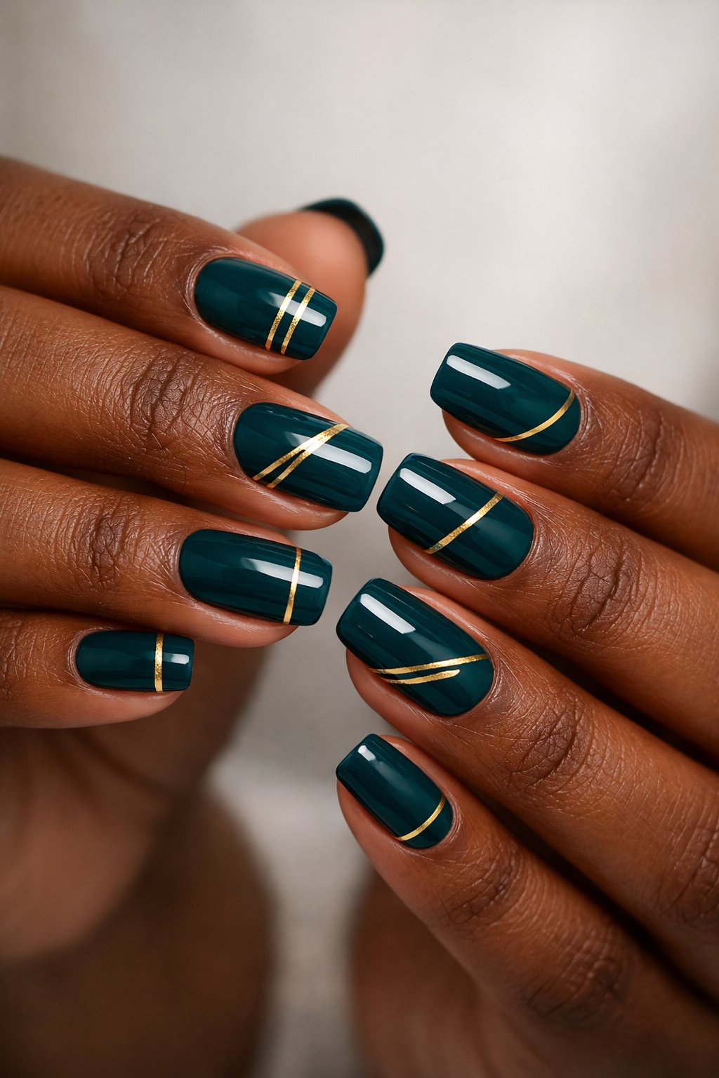 Close-up of manicured hands with deep teal and gold striped nails on dark skin.