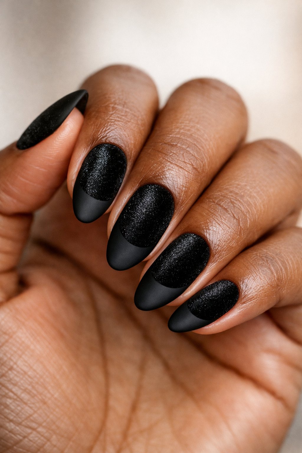 Close-up of a dark-skinned hand with black nails featuring matte tips.