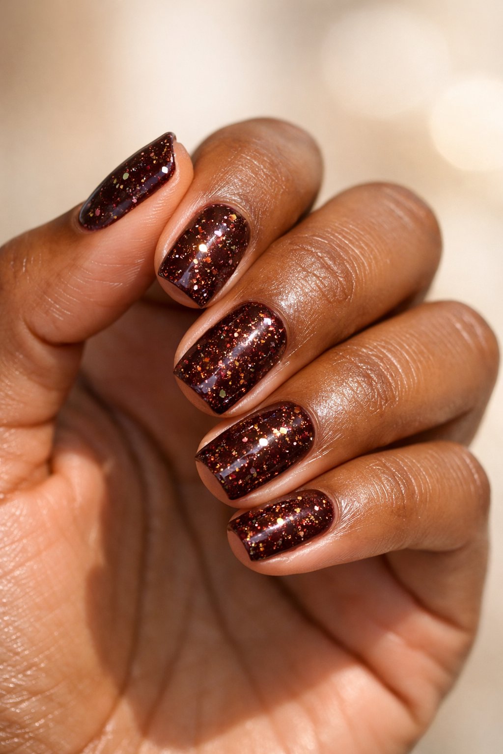 Close-up of a dark-skinned hand showing nails painted in rich mahogany with sparkling confetti topcoat.