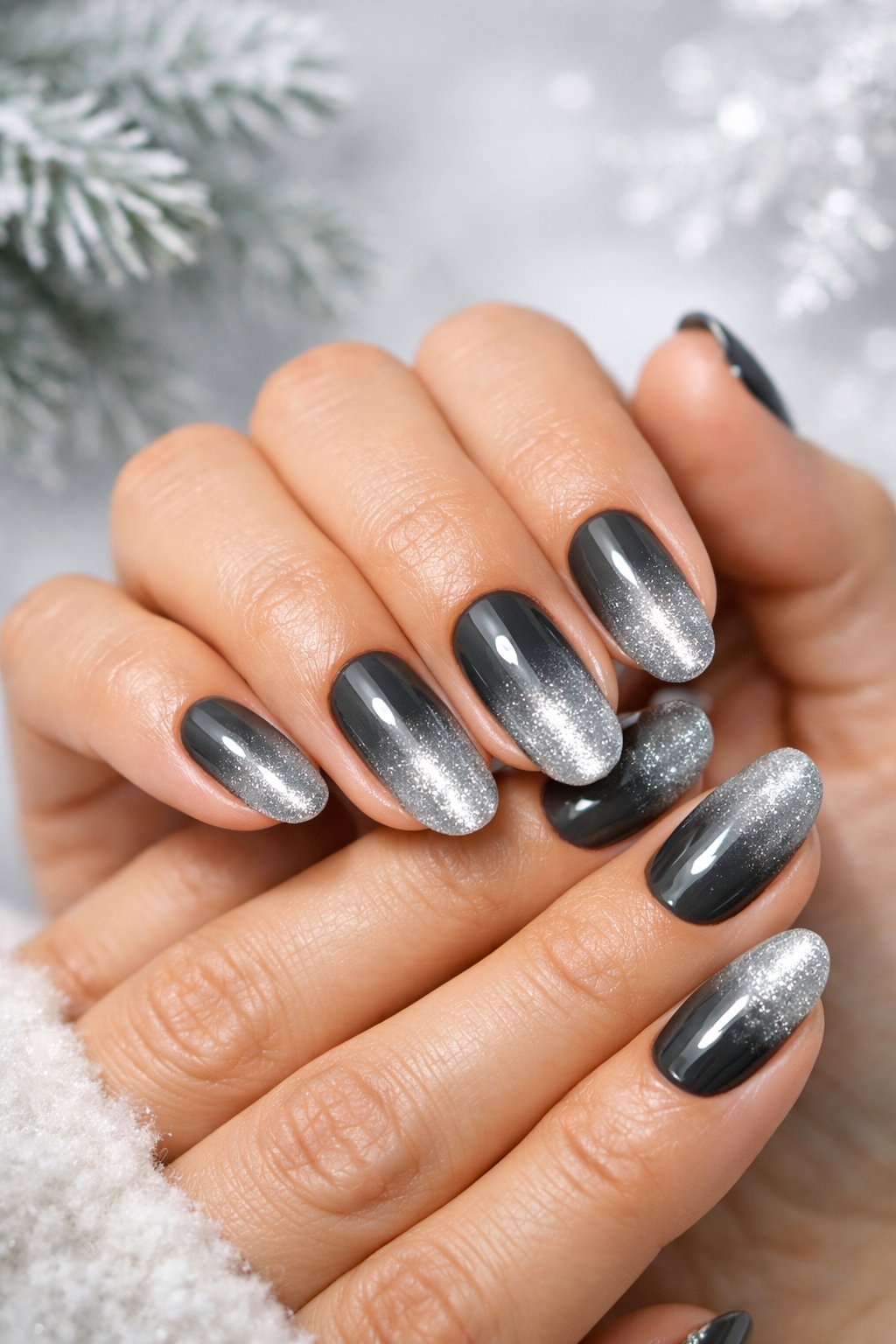 Close-up of hands with gray to silver gradient nails resting on a soft background with winter elements.
