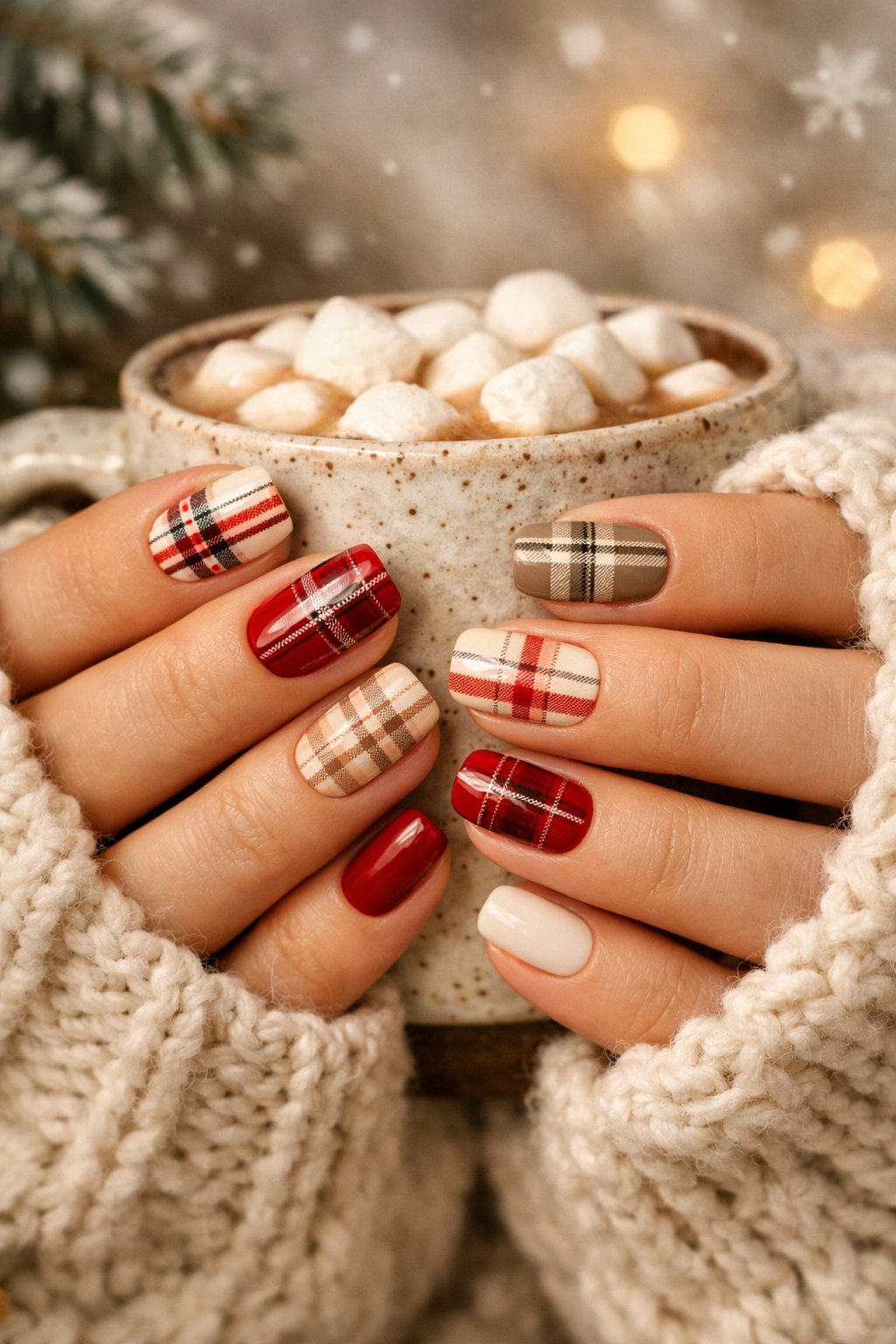 Close-up of hands with plaid nail art holding a knitted sweater and a mug in a winter setting.