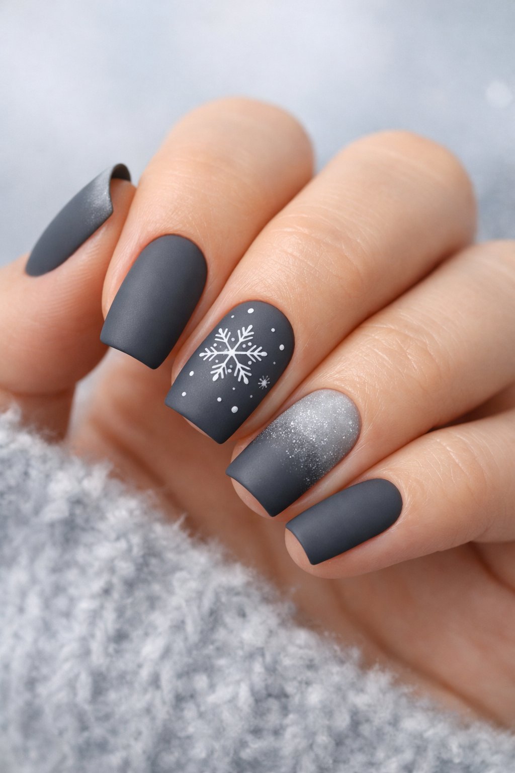 A close-up of a hand with matte charcoal gray nails featuring subtle winter-themed nail art, posed against a soft neutral background.
