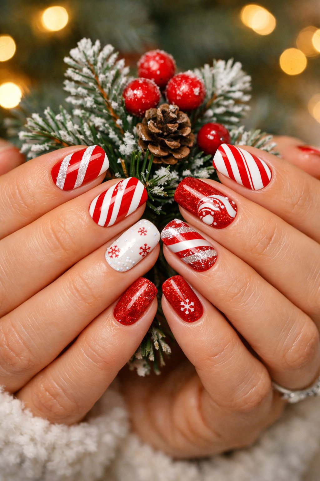 Close-up of hands with red and white striped winter-themed nail designs holding a small pine branch.