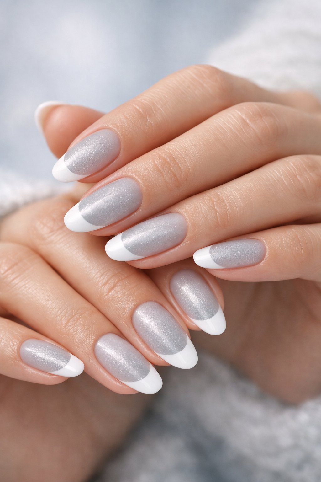 Close-up of a woman's hands with frosted gray French manicure against a soft neutral background.