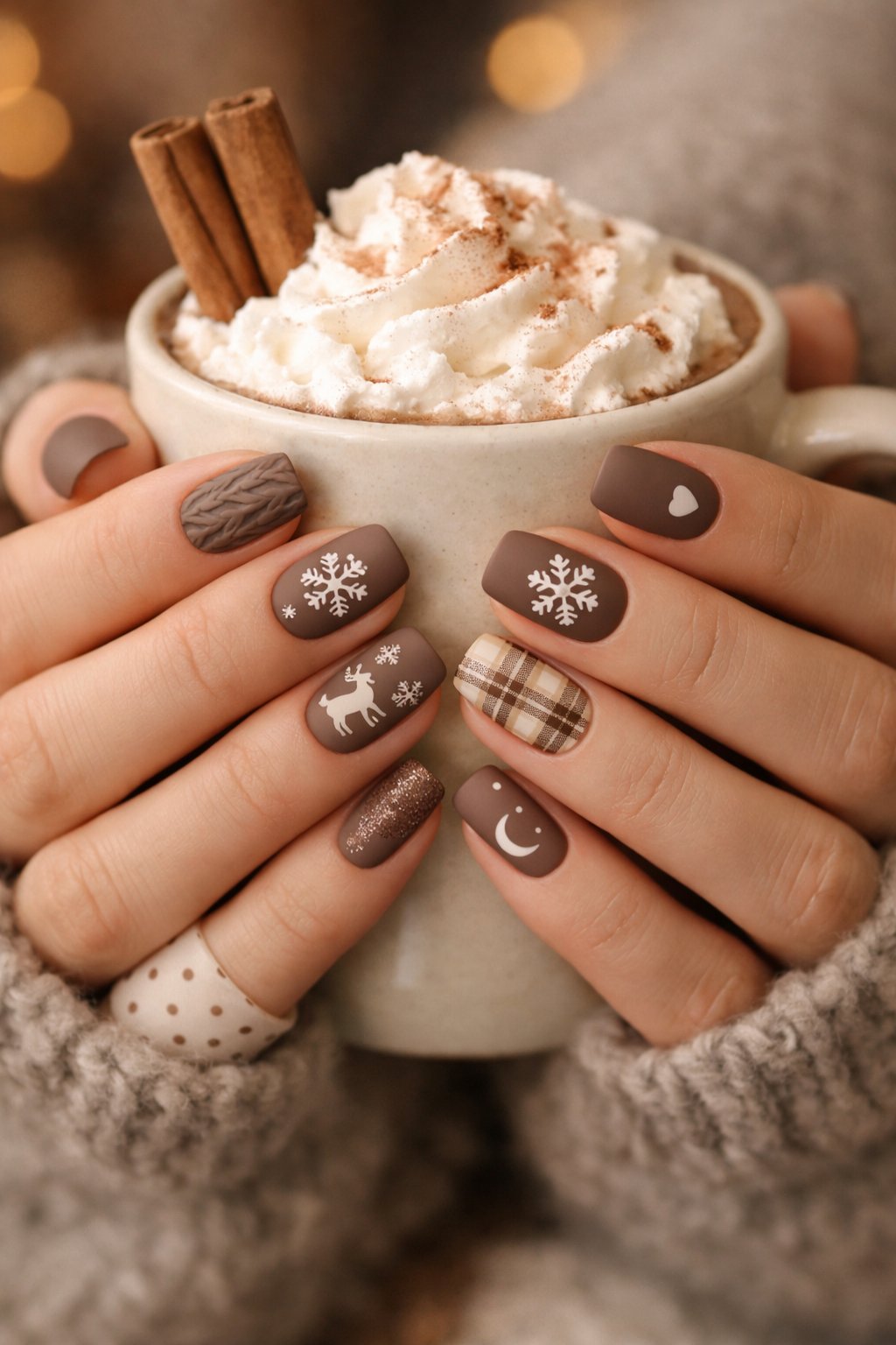 Close-up of hands with 16 different winter nail designs in brown matte shades holding a cup of hot cocoa.