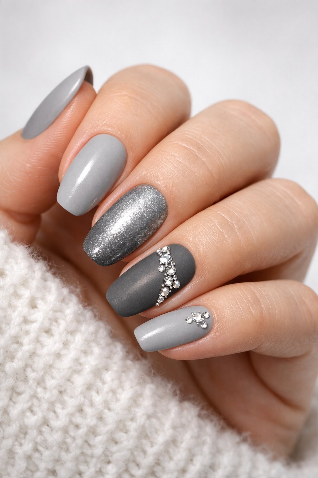 Close-up of a woman's hand with gray nails decorated with small rhinestones.