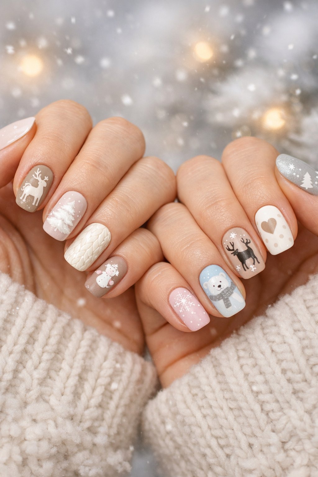 Close-up of hands displaying 16 different winter-themed nail designs featuring reindeer silhouettes and snowflakes.