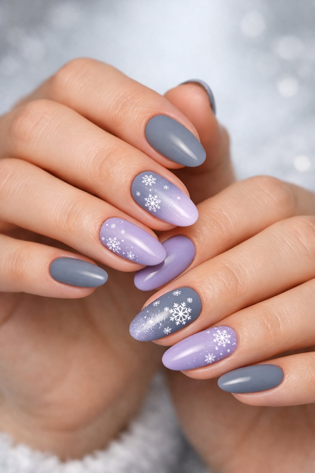 Close-up of hands with ash gray and lavender winter-themed manicured nails against a soft neutral background.