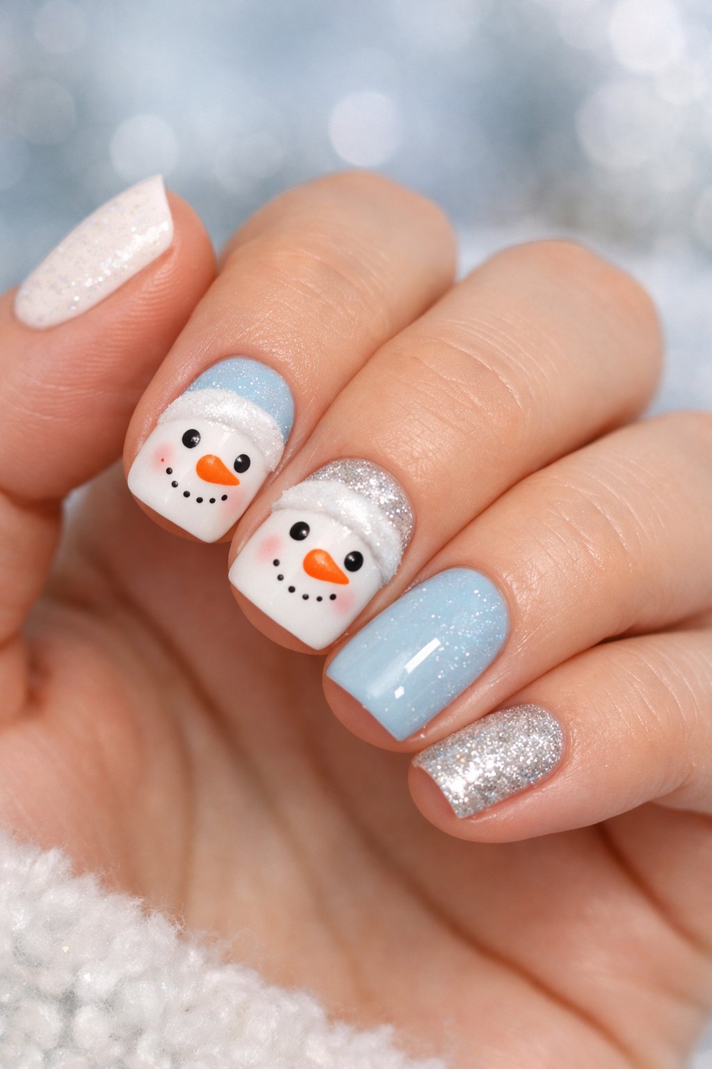 A close-up of a hand showing nails painted with cute snowman faces and winter-themed colors.