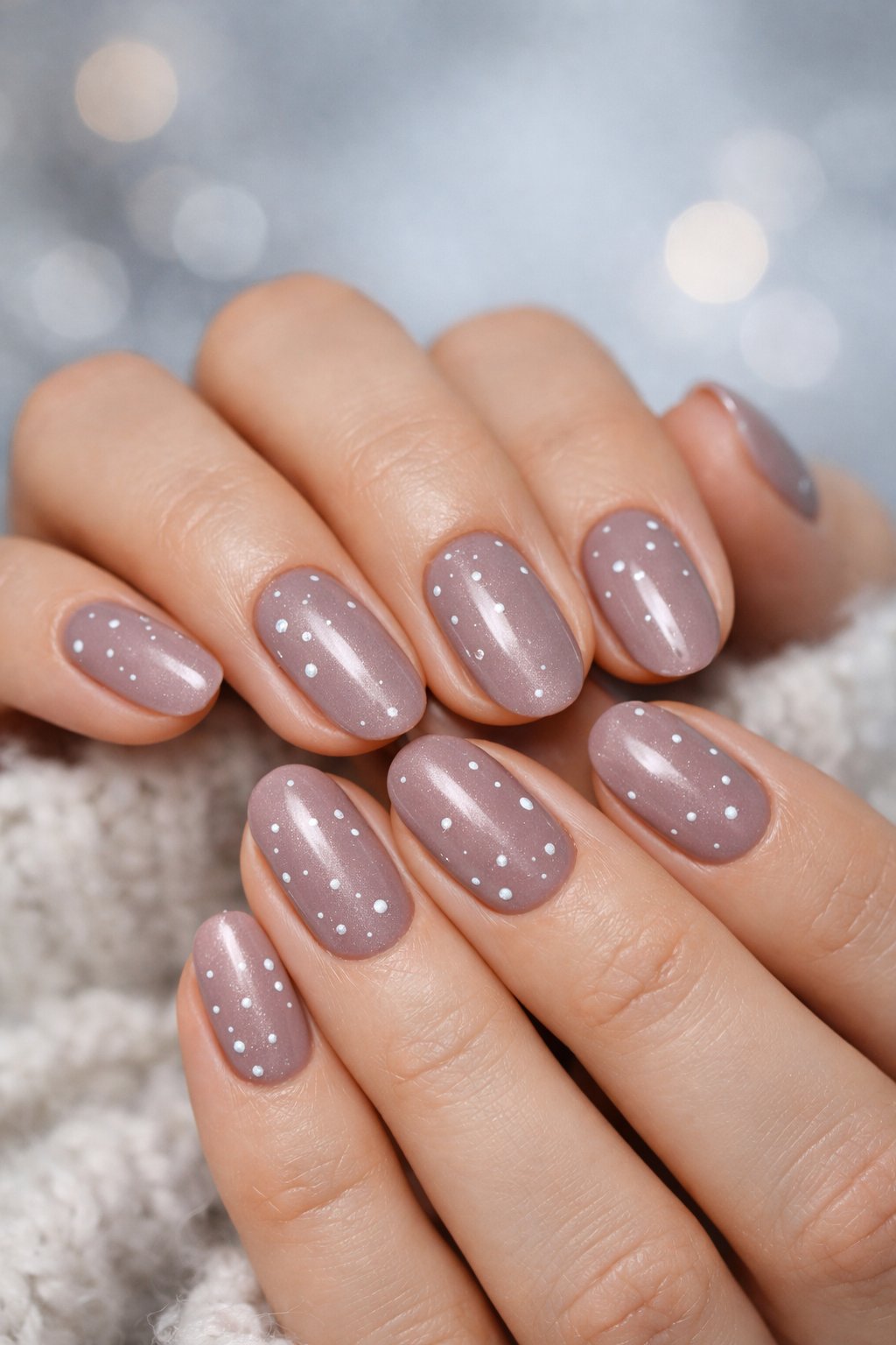 Close-up of hands with muted mauve nails decorated with small silver dots.