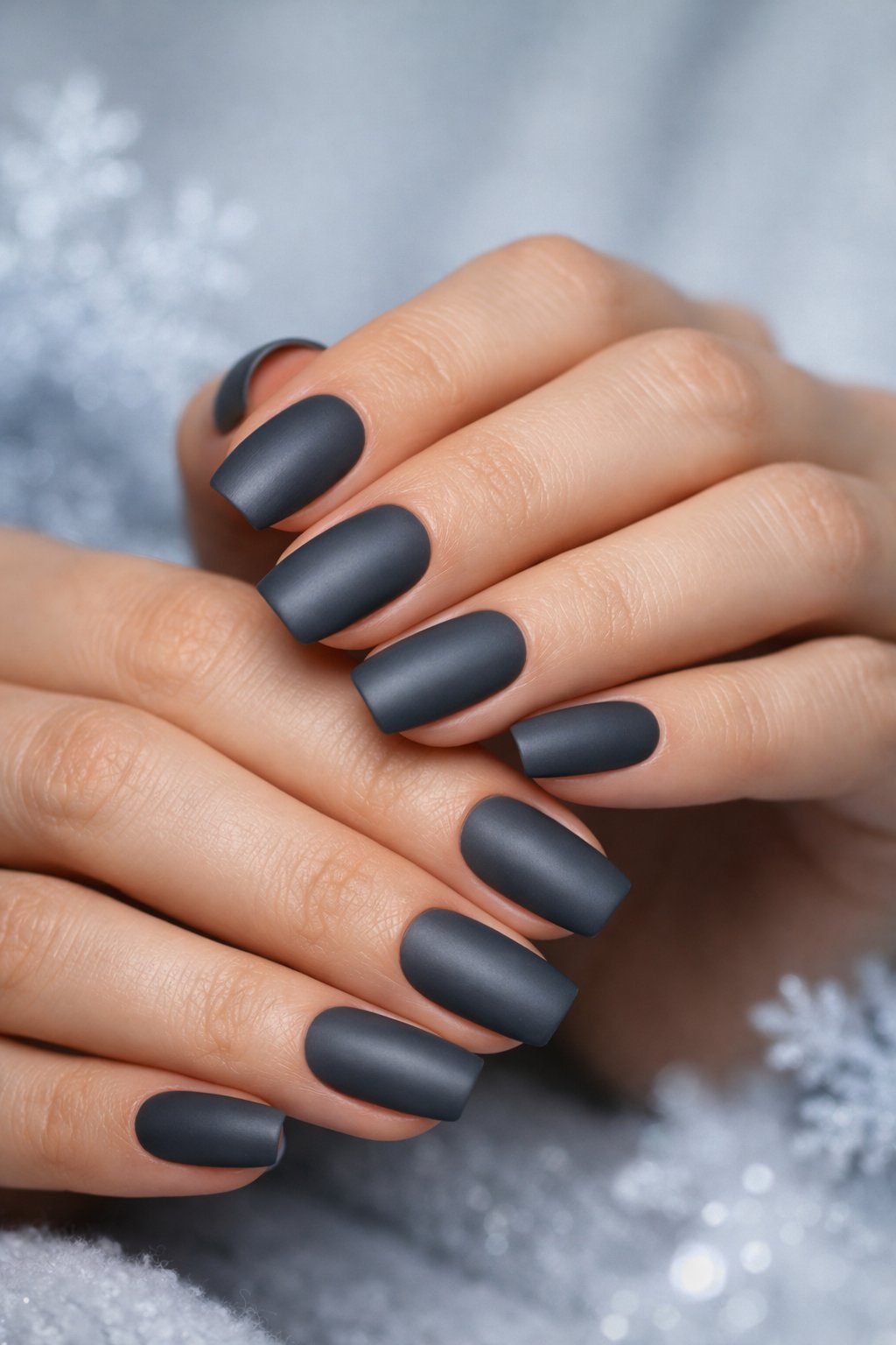 Close-up of a woman's hands with medium-length gunmetal gray matte nails against a soft, blurred background.
